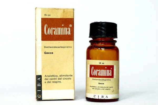 stock image Milan, Italy  March 3, 2022: Vintage 1950s CORAMINA CIBA, Analeptic medicine with diethylamidecarbopyridine. CIBA  Milan (Italy)