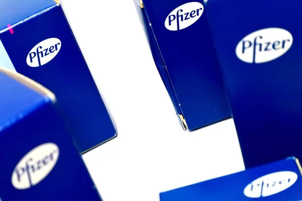 stock image Pfizer Covid-19 Paxlovid treatment boxes isolated on a white background. Health and prevention.