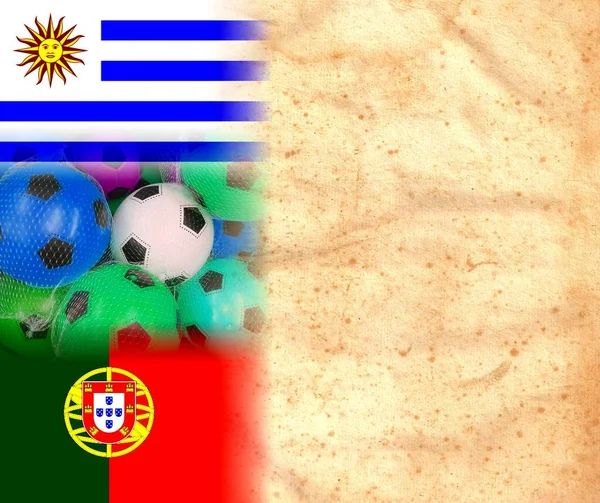 Uruguay Och Portugal Flaggor Med Färgglada Fotboll Bollar Original Vintage — Stockfoto
