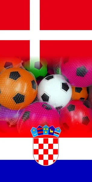 Croacia Dinamarca Banderas Con Bolas Fútbol Colores — Foto de Stock