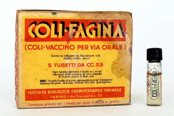 stock image Rome, Italy  February 18, 2022: Vintage 1930s COLI-FAGINA Vaccine with Bacterial lysates of Escherichia coli. Manufactured in Italy by ABC Farmaceutici, Biological Chemotherapy Institute - Turin