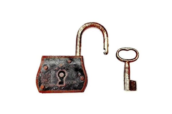 Стародавні Padlock Key Ізольовані Білому Тлі Тіні — стокове фото