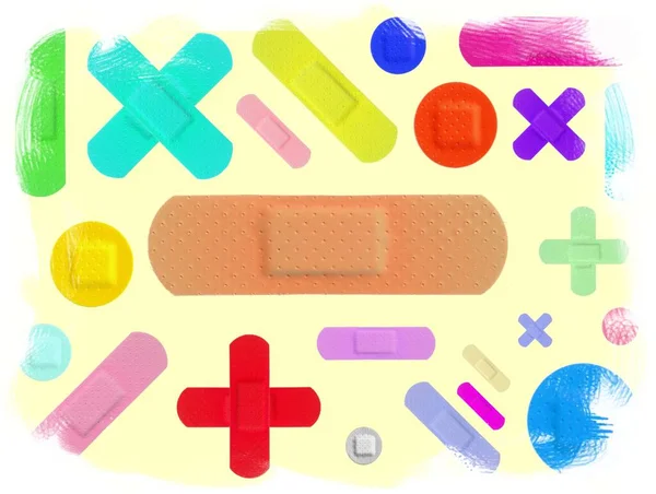 Verschiedene Farbige Streifen Bandages Plaster Medizinische Geräte Bunte Pop Art — Stockfoto