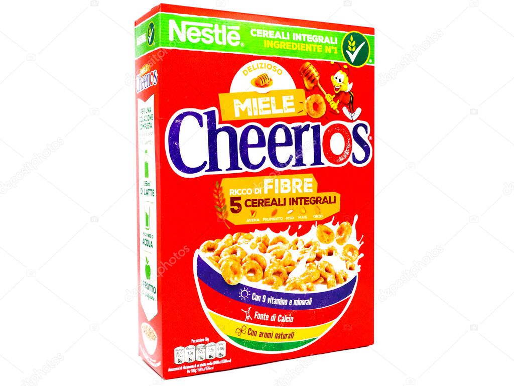 Pescara, Italy - May 31, 2020: Cheerios, 5 cereals with honey produced by Nestle
