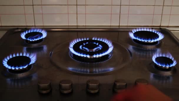 Κουζίνα Γκαζιού Φλεγόμενες Φλόγες Αερίου Εσωτερική Κουζίνα Μπλε Φλόγες Καύση — Αρχείο Βίντεο