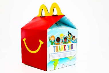 Los Angeles, California  December 2, 2019: McDonald's Happy Meal cardboard box. McDonald's is a fast food restaurant chain. clipart