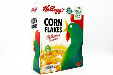 Pescara, İtalya 20 Aralık 2019: Corn Flakes Kellog 'un Kutusu
