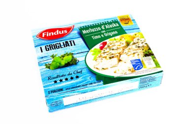Pescara, İtalya - 31 Mayıs 2020: Findus Alaska morinası. Findus, Göçebe Gıda Grubu 'nun donmuş gıda markası.