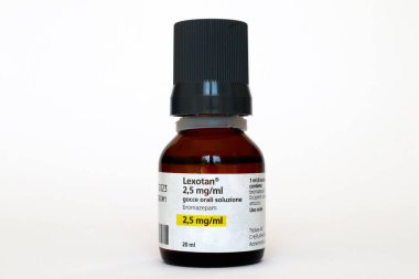 Roma, İtalya 16 Ağustos 2022: LEXOTAN Bromazepam, bir benzodiazepin ilacı. Şiddetli anksiyete tedavisinde kullanılan ilaç. Cheplapharm Arzneimittel GmbH