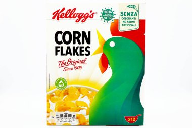 Pescara, İtalya 20 Aralık 2019: Corn Flakes Kellog 'un Kutusu