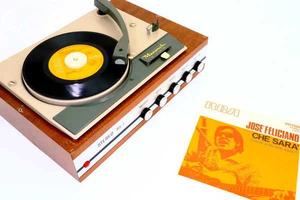 stock image Pescara, Italy  April 28, 2020: 1970 Vinyl Record SIGNAL Label on 1966 MONARCH Record Player