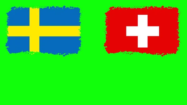 Bandeiras Suécia Suíça Fundo Tela Verde Chave Chroma — Fotografia de Stock