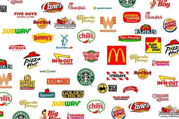 Una Colección Logotipos Conocidas Empresas Líderes Mundiales Restaurantes Comida Rápida —  Fotos de Stock