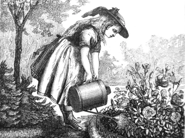 Çiçek Dolu Bir Çantayla Elbise Giymiş Bir Kız — Stok fotoğraf