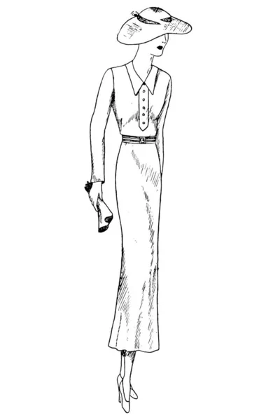 Esboço Desenhado Mão Mulher Roupas Vintage Ilustração Moda — Fotografia de Stock