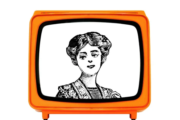 Vintage Vieux Années 1970 Orange Television Avec Une Dame Annonceur — Photo