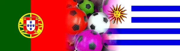Beyaz Arkaplanda Izole Edilmiş Renkli Futbol Toplarıyla Uruguay Portugal Bayrakları — Stok fotoğraf