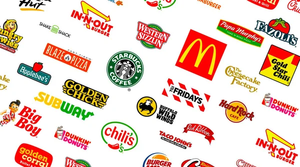 Μια Συλλογή Λογότυπων Γνωστών Παγκόσμιων Κορυφαίων Εταιρειών Εστιατορίων Γρήγορου Φαγητού — Φωτογραφία Αρχείου