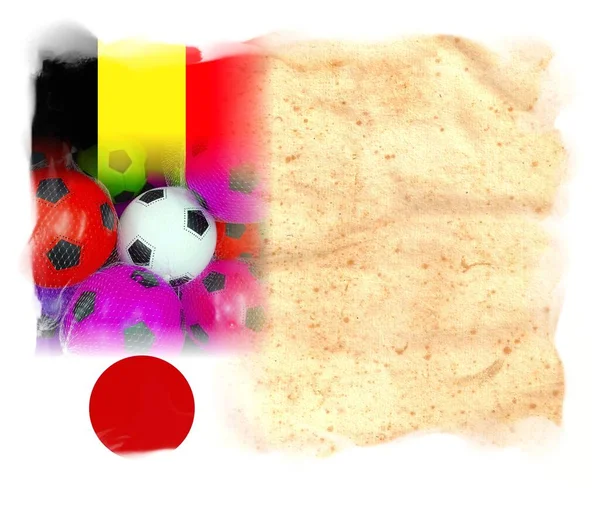 Флаги Бельгии Японии Разноцветными Футбольными Мячами — стоковое фото
