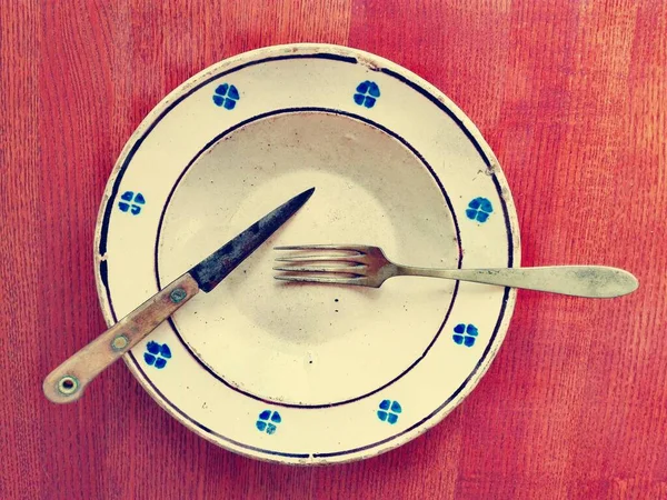 Original Antique Tableware Dish Plate Nickel Silver Fork Knife — Stock Photo, Image