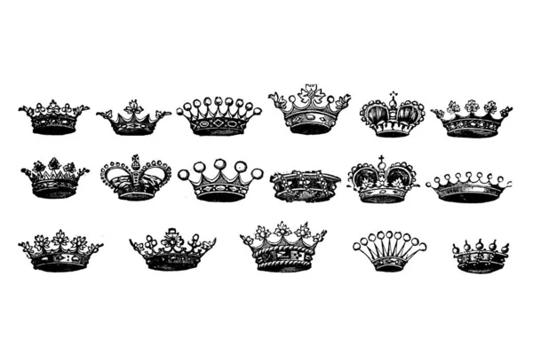 Kronensatz Kronen König Königlich Königin Jahrgang Vektorillustration — Stockfoto