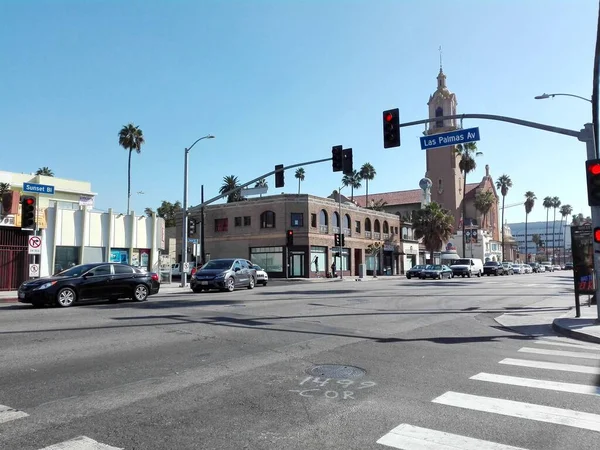 加利福尼亚州洛杉矶荷利屋 2018年9月19日 洛杉矶荷利屋 Hollywood Los Angeles Sunset Blvd街上的路标Las Palmas Avenue — 图库照片