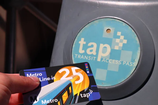 stock image Los Angeles, California - May 21, 2019: Los Angeles Metro Rail Turnstiles with TAP Card, Transit Access Pass