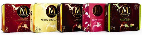 stock image Rome, Italy  August 8, 2021: boxes of MAGNUM Ice Cream with different flavors. MAGNUM is a brand of Unilever