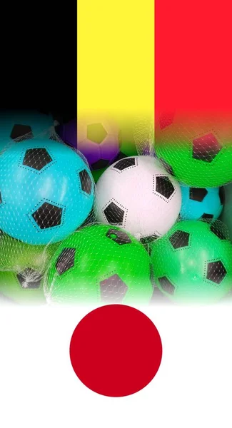 Drapeaux Belgique Japon Avec Des Ballons Football Colorés — Photo