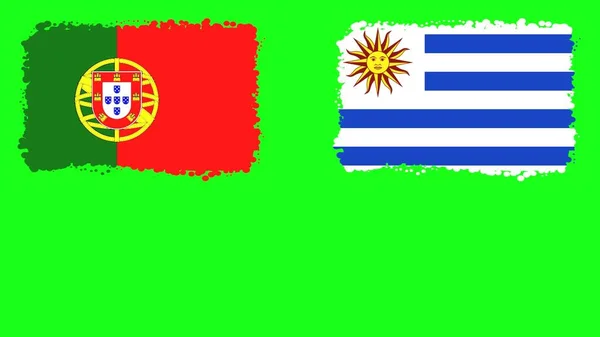 クロマキーの緑色の画面上のポルトガルとウルグアイの旗背景 — ストック写真