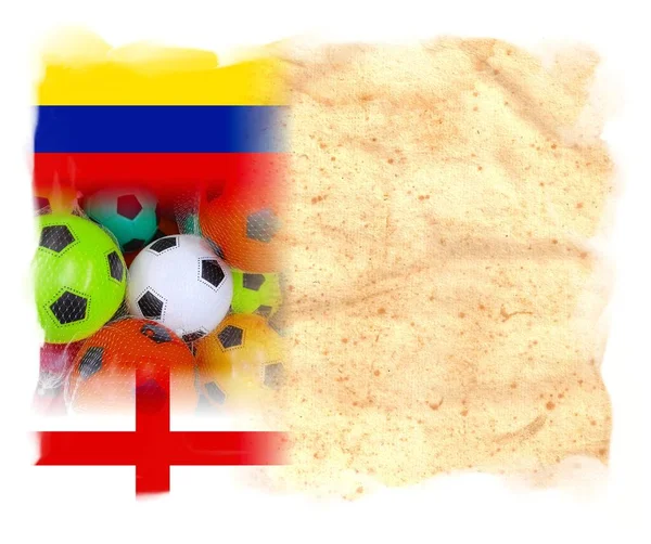 Colombia England Vlaggen Met Kleurrijke Voetbal Ballen Witte Achtergrond — Stockfoto