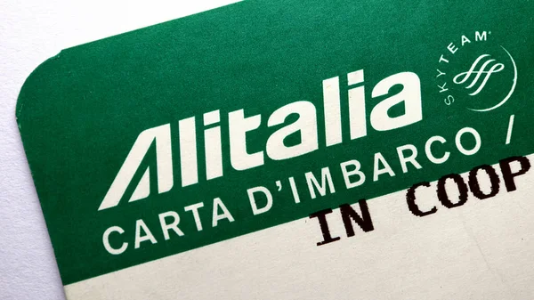 stock image Rome, Italy  September 11, 2021: ALITALIA airlines, logo on Boarding Pass