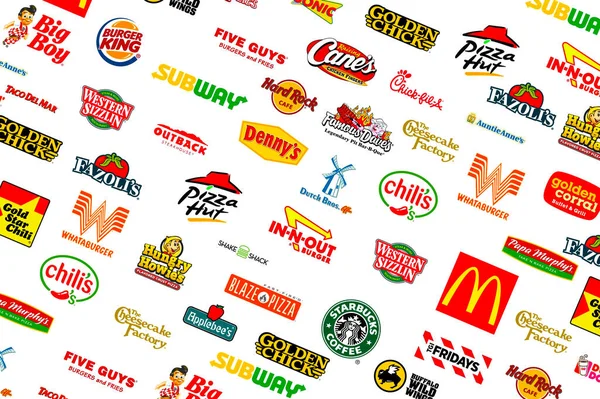 Una Colección Logotipos Conocidas Empresas Líderes Mundiales Restaurantes Comida Rápida —  Fotos de Stock