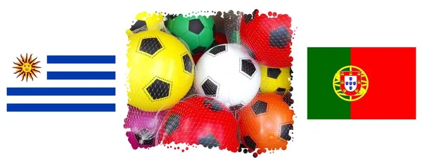 Uruguay Portugal Drapeaux Avec Des Ballons Football Colorés Isolés Sur — Photo