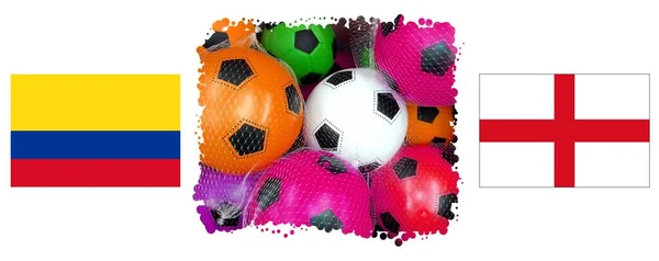 Colombie Angleterre Drapeaux Avec Des Ballons Football Colorés Sur Fond — Photo