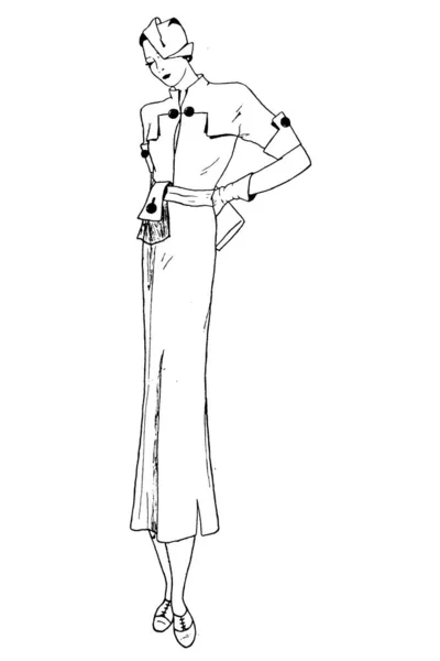 Handgezeichnete Skizze Einer Frau Vintage Kleidung Mode Illustration — Stockfoto