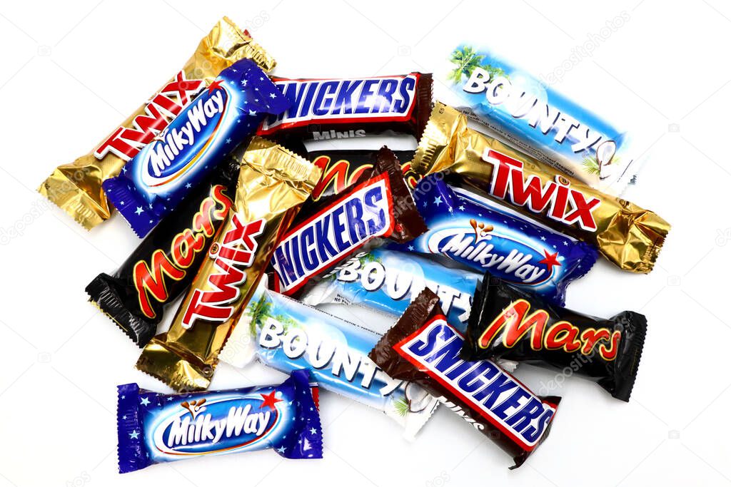 Rome, Italy  November 9, 2021: MARS, Twix, Bounty, Snickers and Milky way  chocolate bar isolated on white background. Mars is a brand of Mars Incorporated