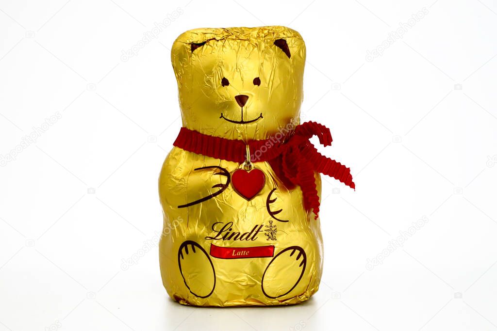 Pescara, Italy - December 26, 2019: Lindt Teddy Bear Chocolate produced by Lindt & Sprungli, Switzerland