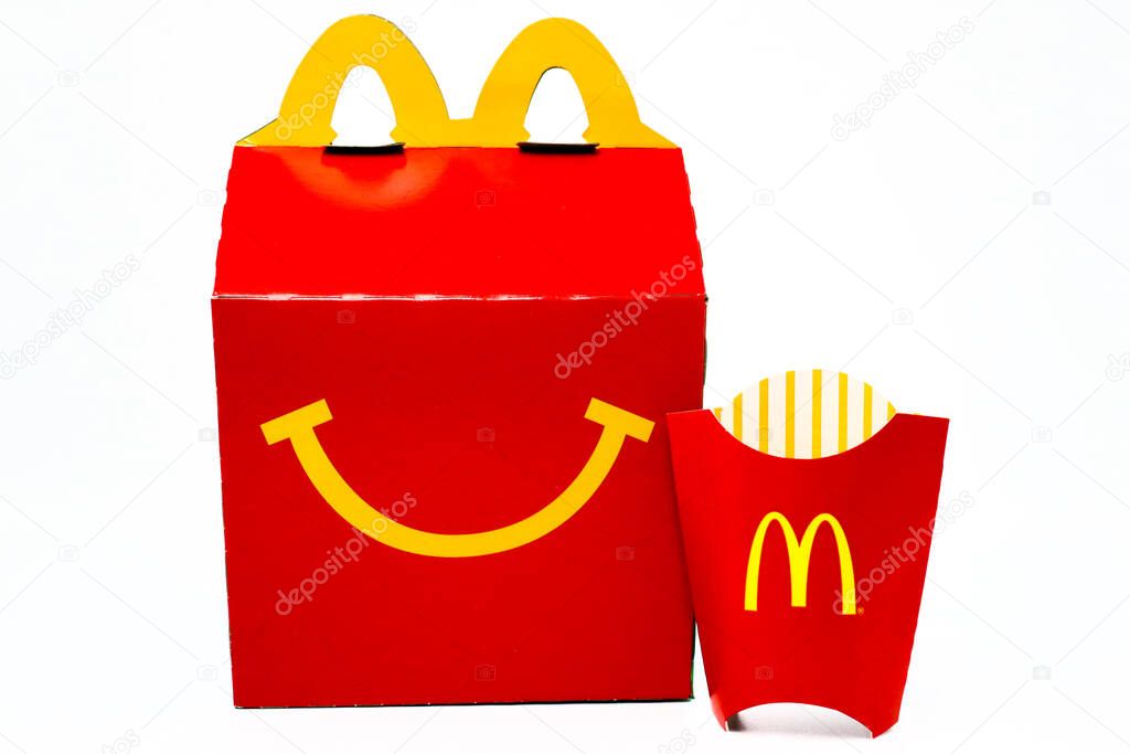 Los Angeles, California  December 2, 2019: McDonald's Happy Meal cardboard box. McDonald's is a fast food restaurant chain.