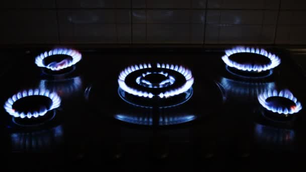 煤气炉 有燃烧的煤气炉 有蓝色火焰的家庭厨房 — 图库视频影像
