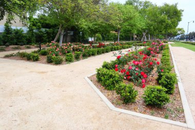 Beverly Hills, California - 12 Mayıs 2019: Santa Monica Bulvarı 'ndaki Beverly Gardens Parkı manzarası