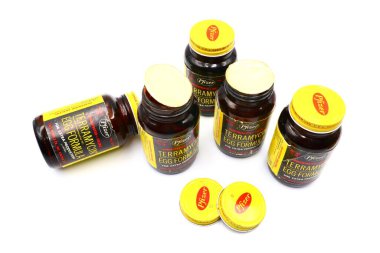 Pescara, İtalya - Nisan 06, 2019: 1960 TERRAMYCIN Pfizer EGG eski. Pulletler için Oxytetracycline Antibiyotik ve Vitamin formülasyonu. Chas tarafından Amerika 'da üretildi. PFIZER & Co. Brooklyn N.Y.