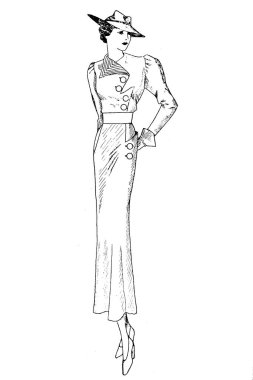 Eski moda giysiler içinde kadın resmi, moda çizimi. 