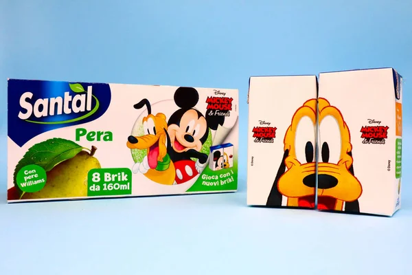 stock image Pescara, Italy  February 9, 2021: SANTAL Fruit Juice - Limited Edition Disney Packaging with Mickey Mouse and Friends. Santal is a brand of Parmalat, Lactalis Group 