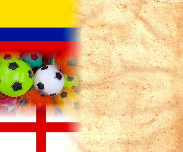 Colombie Angleterre Drapeaux Avec Des Ballons Football Colorés Sur Fond — Photo