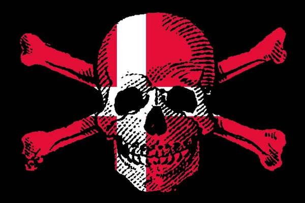 带有丹麦国旗的海盗风格的骷髅和花冠 — 图库照片