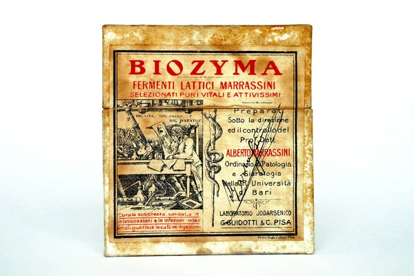 stock image Rome, Italy  February 18, 2022: Vintage 1925 BIOZIMA Latic Acid Bacteria Probiotic by Doctor ALBERTO MARRASSINI. Manufactured in Italy by G. GUIDOTTI and C. - Pisa