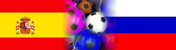 Bandeiras Rússia Espanha Com Bolas Futebol Coloridas — Fotografia de Stock
