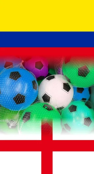 Цоломбия Русский Флаги Разноцветными Футбольными Мячами Белом Фоне — стоковое фото