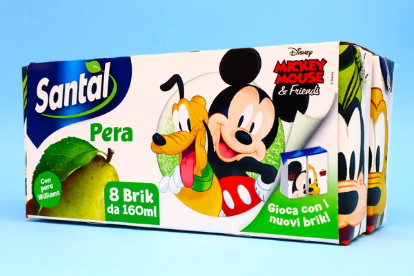 stock image Pescara, Italy  February 9, 2021: SANTAL  pear Fruit Juice - Limited Edition Disney Packaging with Mickey Mouse and Friends. Santal is a brand of Parmalat, Lactalis Group